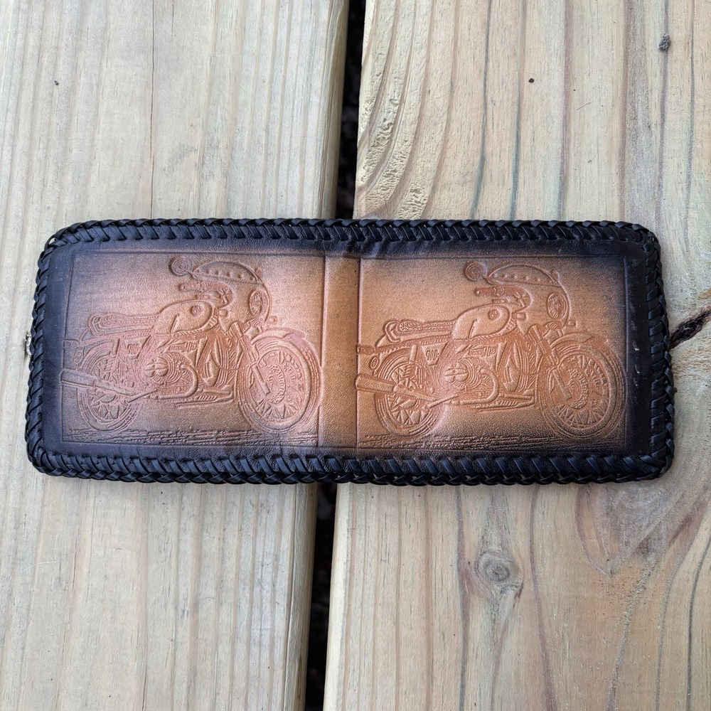 Vintage BiFold Leather Wallet Motorcycle Hand Tooled Handmade Whipstitch USA